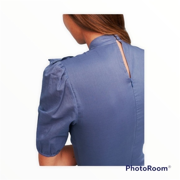 Reformation Bradley Mock Neck Puff Sleeve Mini Dress Blue Morning Glory 12 NWT - Picture 12 of 12